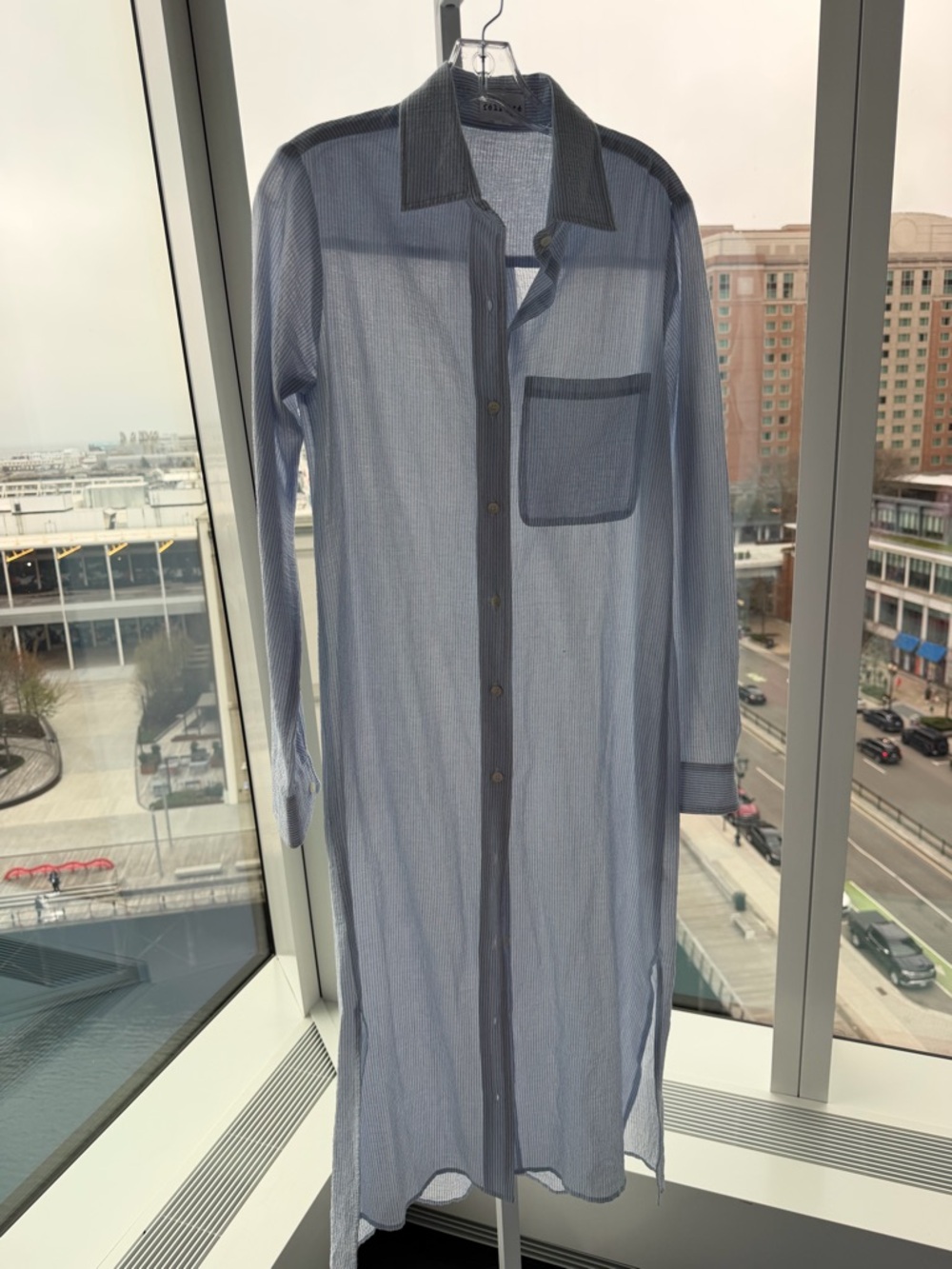 FELICITE gauze Light Blue and white pinstripe Longline Button-Down dress/coverup